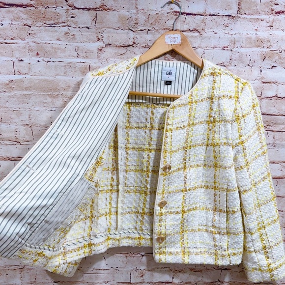 Cabi Coco Style #6256 Yellow Cream White Tweed Plaid Crop Blazer Jacket Size S - Picture 9 of 14